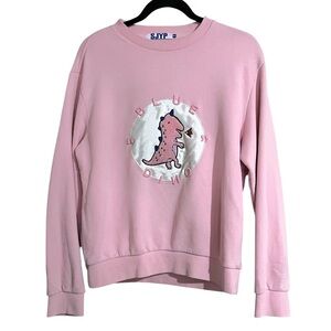 SJYP Korean Streetwear Dino Embroidered Patch Pink Crewneck Sweatshirt Small
